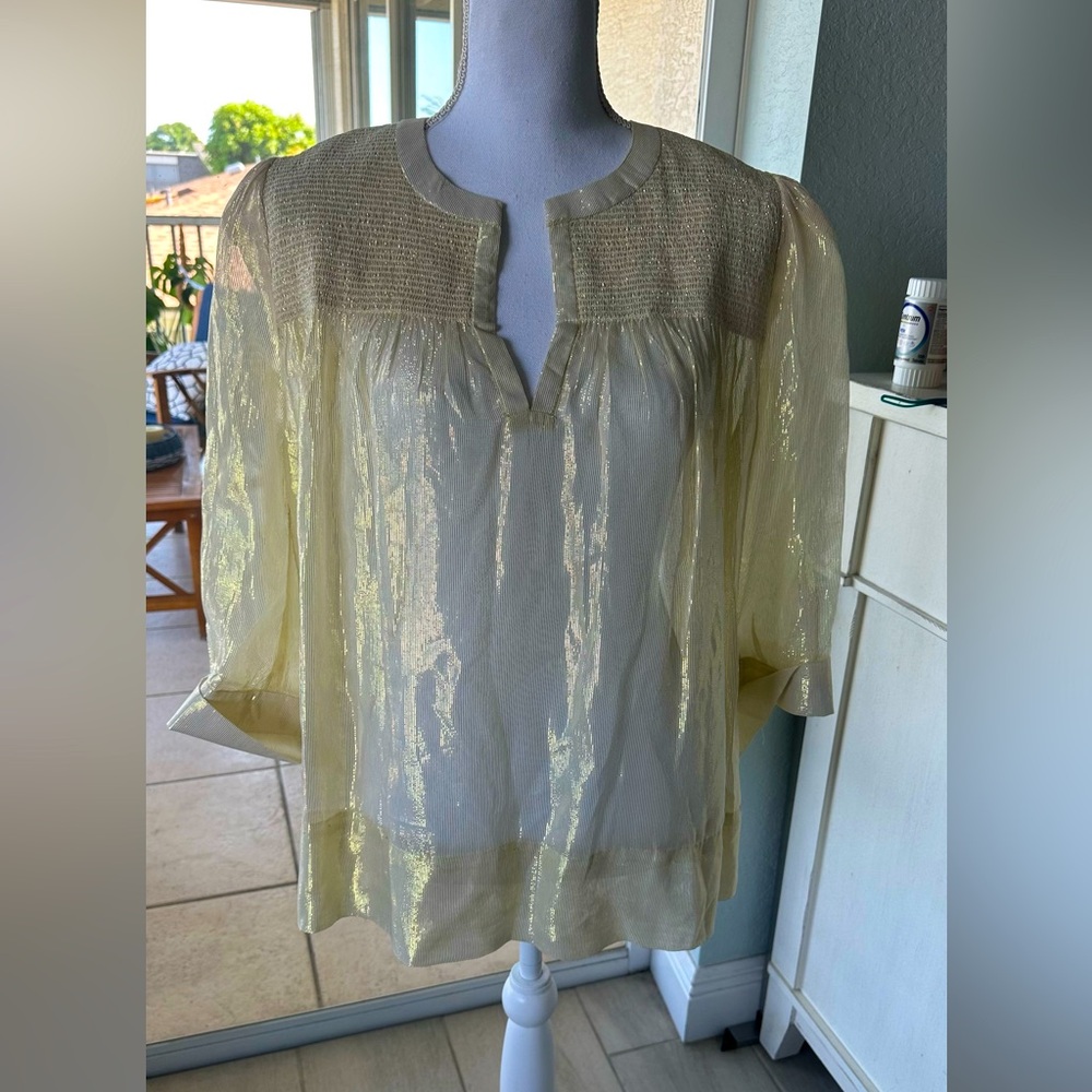 Gretchen Scott Glinda Lurex Sheer Metallic Gold Tunic Blouse Smocked Top M